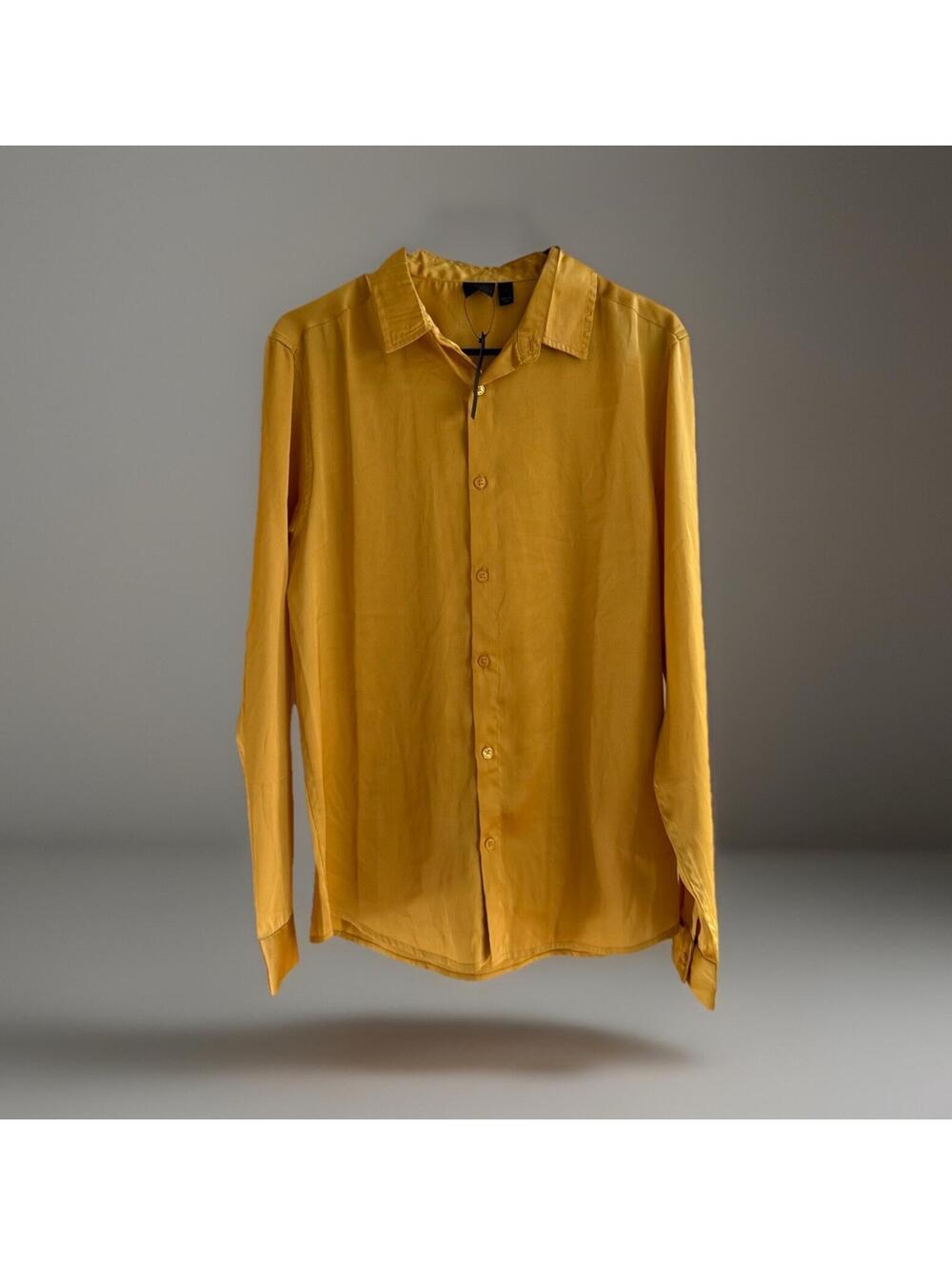 ASOS Mustard Satin Button Up Shirt Mens Small Long Sleeve Gold Casual